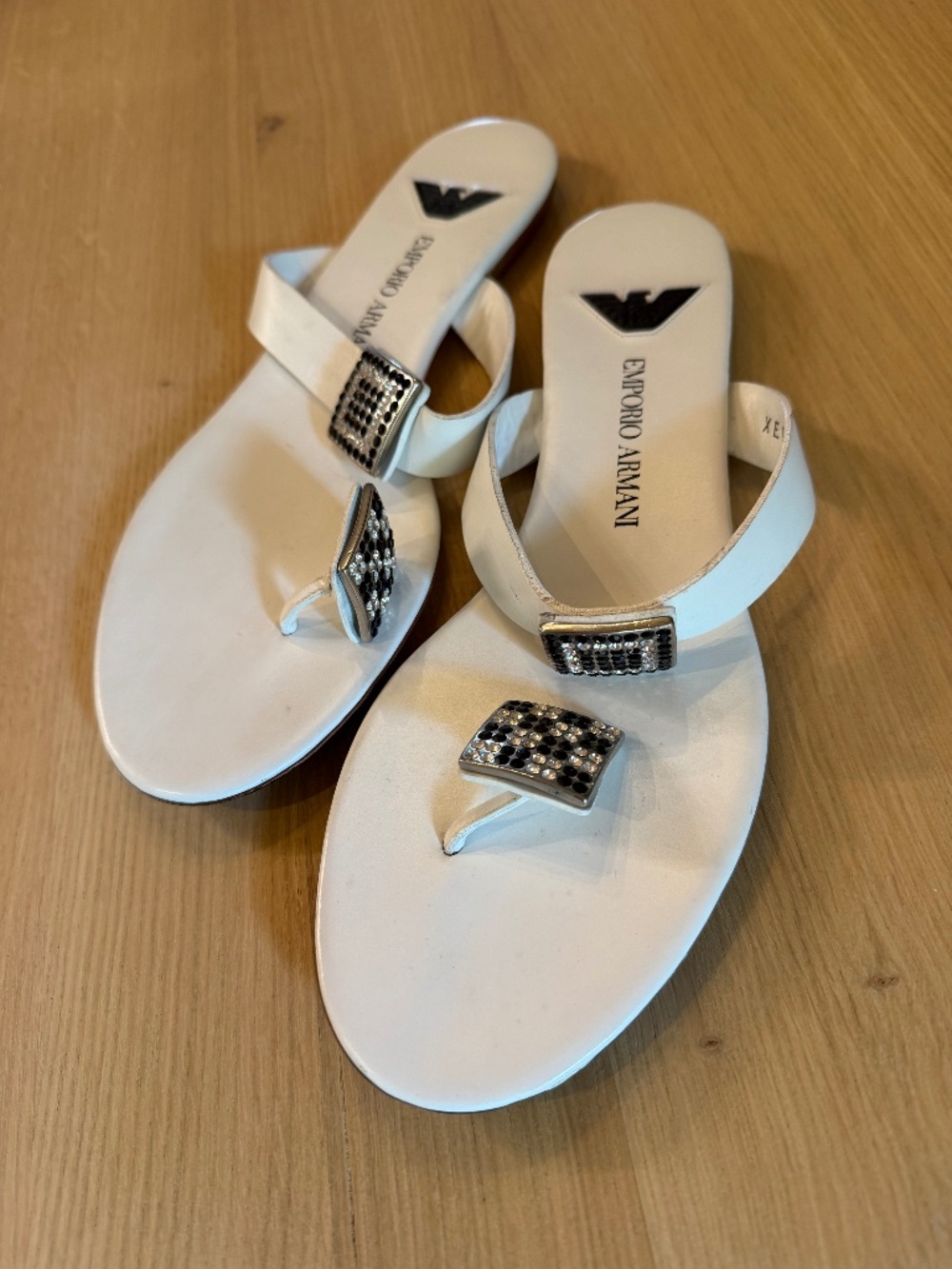 Emporio Armani Flat Sandals w/ Black and Clear Rhinestone Accents, EUC, Size 40